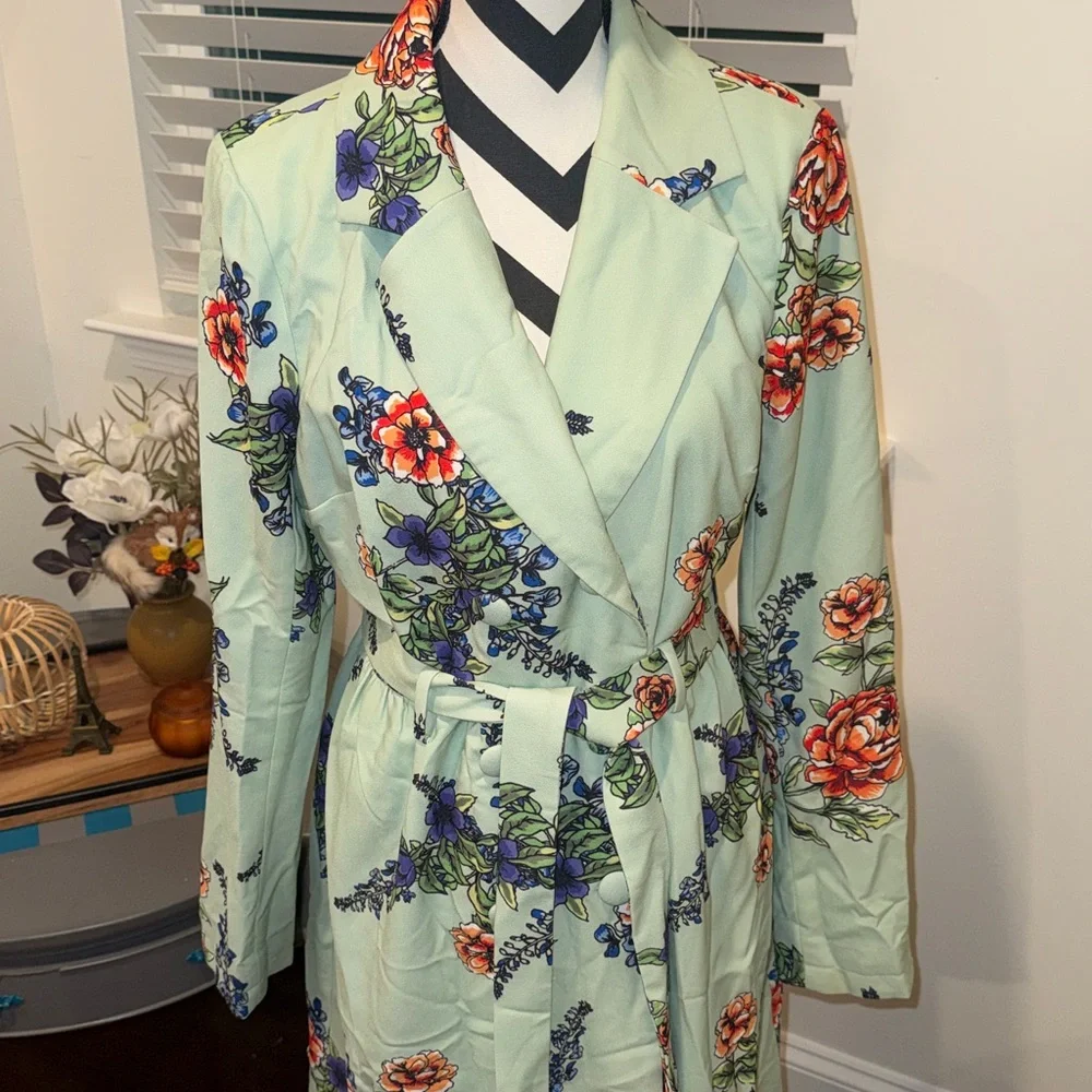 Modcloth Profound Pizzazz Mint Floral Trench Coat Size L - Picture 3 of 11